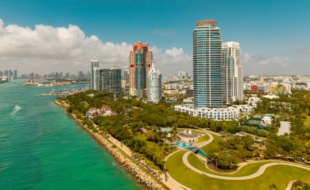 Miami Beach aerial view with skyline. Miami from above. Miamis famous landmarks. South Pointe beach with skyscrapers. Miami city panorama.の写真素材