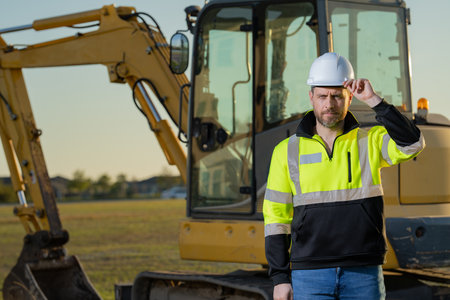 Portrait of builder in a construction site. Builder with excavator ready to build new house. Construction builder wear building uniform on excavation truck digging, builder construction.の写真素材