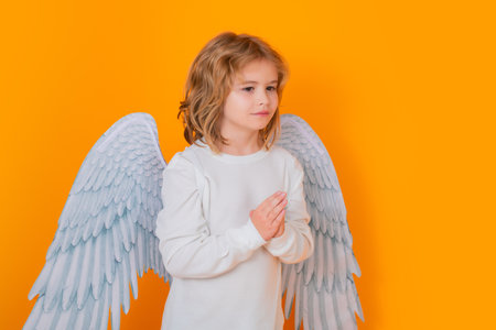 Angel prayer kids. Valentines day banner. Cute child with angel wings. Studio portrait of angel child on studio color isolated background with copy space.の写真素材