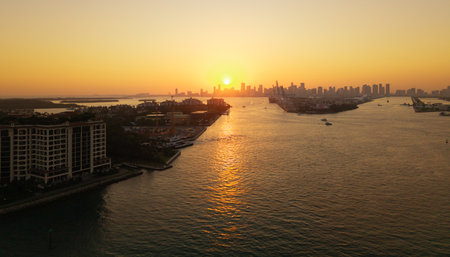 Miami Beach aerial drone view with skyline. Miami from above. Miamis famous landmarks. South Pointe beach with skyscrapers. Miami city panorama. Skyline of Miami Beach.の写真素材