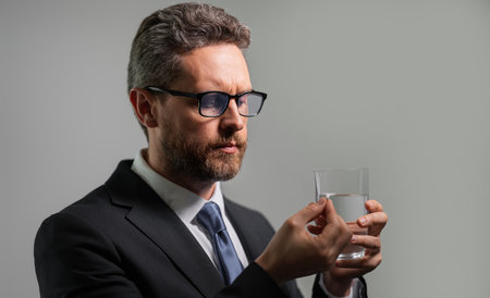 Medicine pill from headache migraine. Man with headache on isolated gray studio background. Man feel pain rubbing dry eyes fatigued from work.の写真素材