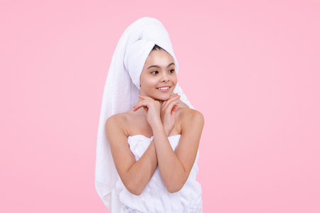 Problem skin of teen girl. Teenage skincare. Beautiful teen facial treatment. Teenager morning routine. Perfect skin care of teens. Spa for young teen skin. Healthy skin, happy teen. Facial care.の写真素材