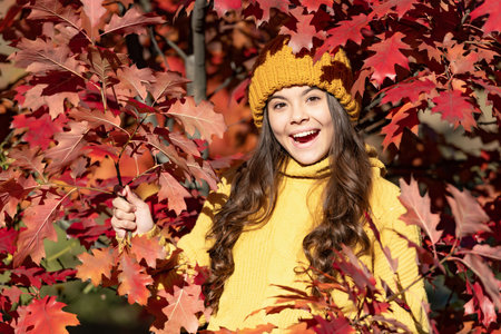amazed teen girl in hat at autumn leaves on natural backgroundの写真素材