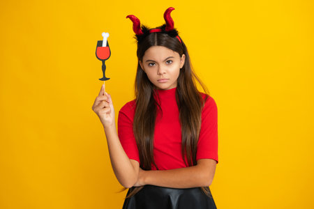 Halloween witch girl. Teen girl with pumpkin. Teen witch. Kid girl witch celebrates Halloween. Happy...
