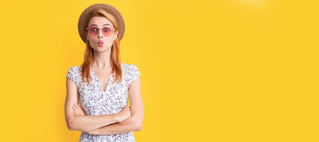 Woman isolated face portrait, banner with copy space background. happy funny young woman in straw...