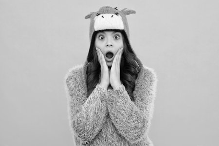Modern teen girl wearing sweater and knitted hat on isolated background. Surprised face, surprise emotions of teenager girl.の写真素材