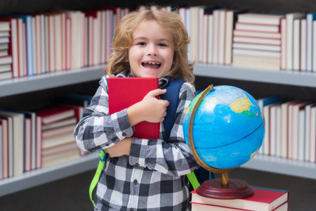Excited pupil. Smart caucasian school boy kid pupil student going back to school. Education kids.の写真素材