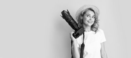 Woman isolated face portrait, banner with mock up copy space. cheerful amateur and professional photography. summer shooting session. photoshoot.の写真素材