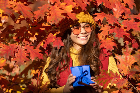 Autumn kid girl face in autumn fall leaves outdoor. positive child with present box on autumn leaves backgroundの写真素材