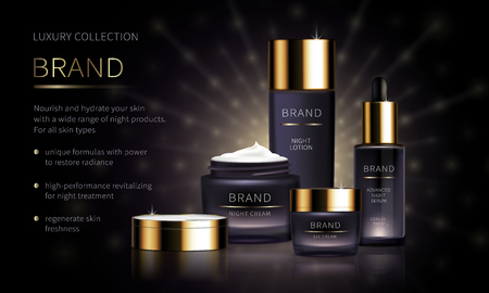 Night cosmetic line for face skin care realistic vector. Purple cream jar and serum, plastic tube. Luxury cosmetics collection on purple background with golden light rays Mock up for magazine, catalogのイラスト素材