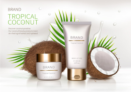 Cosmetic realistic vector background. White jar and tube with golden lid next to coconut, palm leaves and milk splash. Mock up promo banner with organic cosmetics, concept poster for natural productのイラスト素材