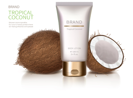 Cosmetic realistic vector background. White jar and tube with golden lid and coconut isolated on white background. Mock up promo banner with organic cosmetics, concept poster for natural productのイラスト素材
