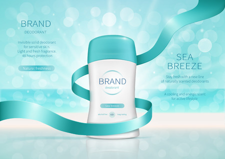 Vector realistic cosmetic promo poster for dry stick deodorant with fresh fragrance. Antiperspirant in white plastic tube with blue cap and turquoise silk ribbon. Mock up for magazine and catalogのイラスト素材