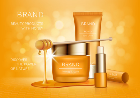 Cosmetic realistic vector ad background. Yellow jar with cream, lotion tube and hygienic lipstick with honey drips, organic cosmetics, natural spa formula for skincare. Mock up for magazine or catalogのイラスト素材