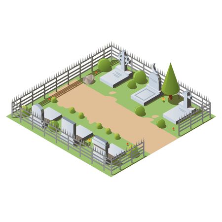 Isometric cemetery concept with granite graves, crosses and tombstones. 3d vector illustration of graveyard and tomb, isolated on white background. Outdoor burial place of the dead.のイラスト素材