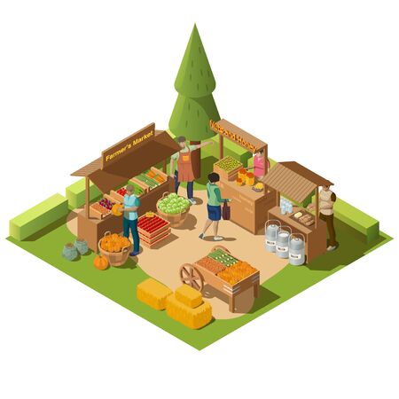 Farm local market isometric composition with farmer greengrocer characters selling natural organic food products 3d vector illustration. Street outdoor fair with eco healthy vegetables, agricultural grocery goods on stalls.のイラスト素材