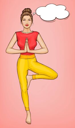 pop art girl practices yoga, meditation, relaxation, mental balance. Young slim woman standing on one leg in tree pose with namaste hands.Lady training her body, healthy lifestyle conceptのイラスト素材