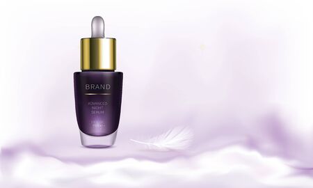 Night cosmetic product for face skin care realistic vector. Purple pipette bottle with revitalizing serum is on white fluffy cloud near the feather. Clever cosmetics promoのイラスト素材