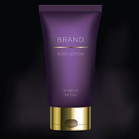 Night cosmetic body lotion or serum for face skin care, realistic vector. Purple plastic tube with revitalizing product, isolated on black background. Brand design for luxury premium smart cosmeticsのイラスト素材