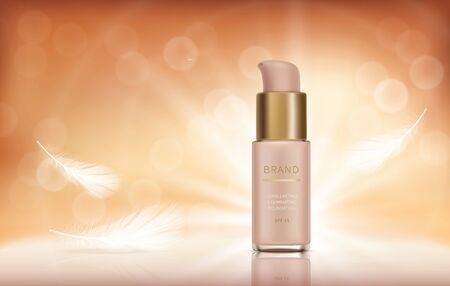 Cosmetic realistic vector ads banner with foundation for perfect makeup, decorative cosmetics. Liquid foundation, fluid in bottle with dispenser and soft white feathers, mock up for glossy magazineのイラスト素材