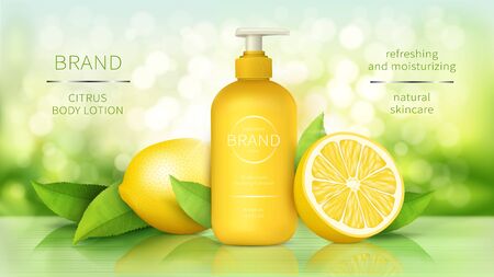 Body lotion with lemon, skin care cosmetics vector realistic ads poster Dispenser bottle with organic moisturizer and ripe citrus fruits, yellow lemon and green leaves on natural background with lightのイラスト素材