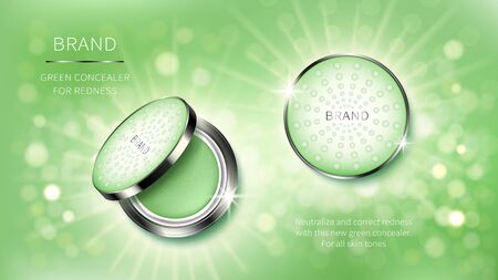 Cosmetic realistic vector ads banner with corrector for perfect makeup, decorative cosmetics. Neutralizing redness green concealer in silver open palette on green background with rays and bokehのイラスト素材