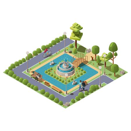 Isometric green city park with people, pond, bridge, plants, benches and fountain in centre vector illustration. A zone of rest and relaxation for family. Outdoor public park concept with charactersのイラスト素材