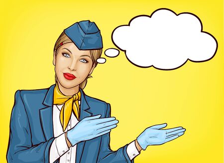 Pop art stewardess, flight attendant, air hostess girl in blue uniform with cap, handkerchief on neck, gloves and speak cloud on yellow background illustration. Airline advertising campaign.のイラスト素材