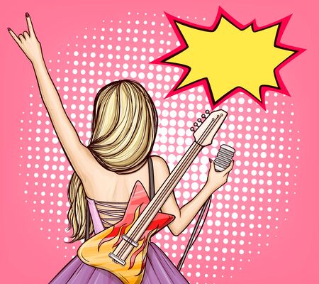 pop art cool rock star girl in dress with electric guitar and microphone showing rock n roll sign, back view. Musician on stage. Poster for metal festival, party, disco, concert, music fest.のイラスト素材