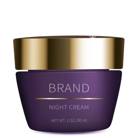 Night cosmetic night cream for face skin care, realistic vector. Purple plastic jar with golden cap and revitalizing product, isolated on white background. Brand design for premium smart cosmeticsのイラスト素材