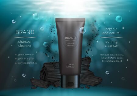 Charcoal face wash vector realistic cosmetic ads poster. Plastic tube of cleanser and black coal on blue underwater background with air bubbles and floating ash, mock up for glossy magazine or catalogのイラスト素材