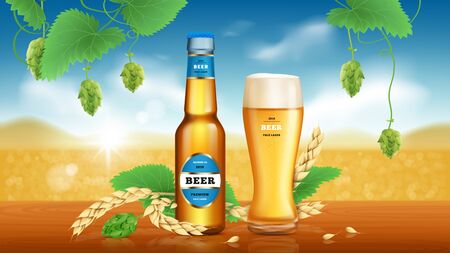 Wheat craft beer. Golden beer, refreshing alcoholic drink brewed from wheat and hops in glass bottle and lying spikelets on natural background, vector ads promotional banner.のイラスト素材