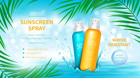 Sunscreen cosmetics vector realistic poster. Spray bottles with sun protection cosmetic product or spf, blue sea water splash and bright green tropical leaves on glossy background mock up for magazineのイラスト素材