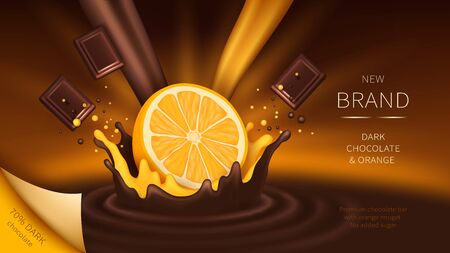 Chocolate and orange slice falling into liquid crown splash realistic vector illustration. Mock up wrapper or ad banner for organic chocolate with high cocoa content and orange nougatのイラスト素材
