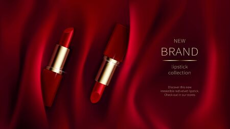 Red lipstick on bright scarlet silk or velvet fabric background with soft folds, realistic cosmetic vector illustration. Open tubes with cosmetics for women makeup, advertising poster for magazineのイラスト素材