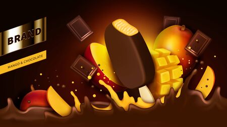 Chocolate   bar pieces and mango slice falling into liquid crown splash realistic vector illustration. Mock up wrapper or ad banner for chocolate fruit flavor icecreamのイラスト素材