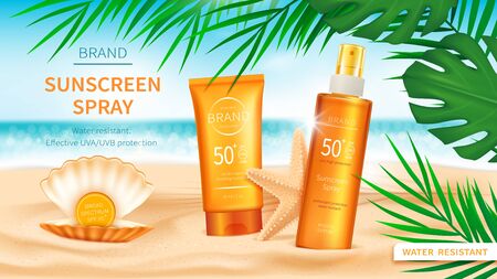 Sunscreen cosmetics on sea or ocean background with sandy beach, shell and starfish, green palm and monstera leaves, realistic vector. Cosmetic spray with SPF protection on tropical backgroundのイラスト素材
