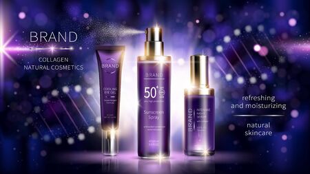 Collagen cosmetics vector realistic ads poster. Smart skin care cosmetic product, serum with collagen on purple background with DNA helix. Product for skin beauty, mock up for glossy magazine, catalogのイラスト素材