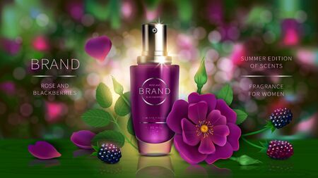 Cosmetic lotion or summer perfume with wild berries, rose hip flower realistic vector illustration. Natural organic cosmetics, purple spray package near blackberry, wild rose on natural backgroundのイラスト素材