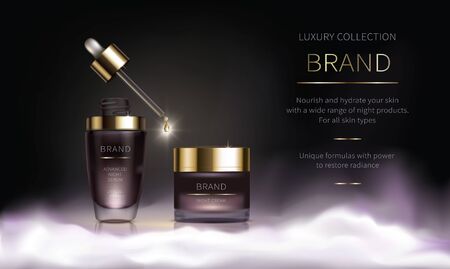 Night cosmetic series for face skin care, realistic vector. Purple jar of face cream and liquid revitalizing serum with dripping pipette. Cosmetics standing on white fluffy cloud on dark backgroundのイラスト素材