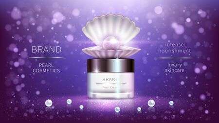 Pearl cosmetics, vector realistic advertising poster. Shiny luxury packaging for cosmetic anti-aging product, open shell and precious pearls on purple background, mock up for glossy magazineのイラスト素材