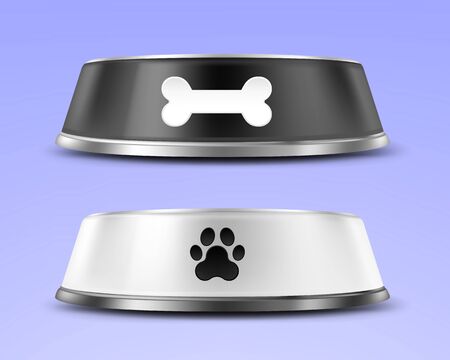 Pet feeding bowl isolated on blue background. Empty white and black metal plate for animal on rubber base. Realistic steel bowls with paw and bone print for dog, cat, puppy and kitten, front view.のイラスト素材