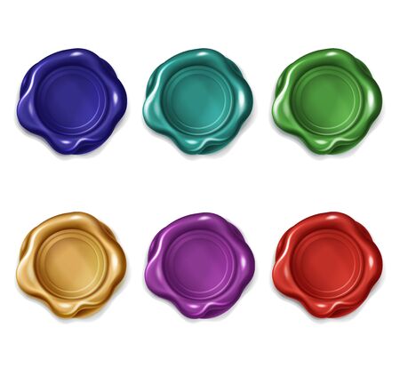Multicolored wax seals for letter, document, certificate or guarantee.  realistic set of blank round wax stamps, isolated on white background. Royal old insignia, vintage label for lock envelopeのイラスト素材
