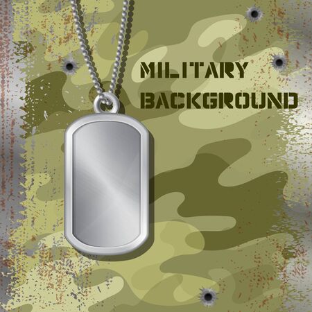 Military id tag hanging on a chain isolated on jammed camouflage background with bullet holes. Blank metal army medallion. Silver empty soldier badge for personal information of a military man.のイラスト素材