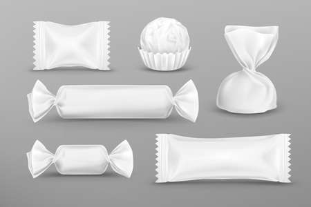White polyethylene package for candies, chocolate, lollipops, truffle, food snacks and pouch sweets production. Vector mockup set of candy wrappers for brand ad design isolated on grey background.のイラスト素材
