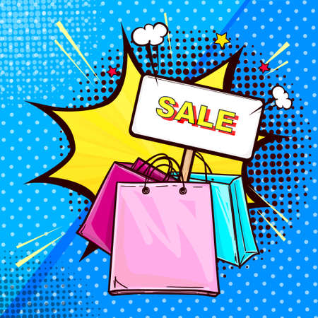 Vector pop art illustration of colorful shopping bags with banner stick. Sale banner on dots halftone background with speech bubble in shape of a star. Poster for the advertising sales and discounts.のイラスト素材