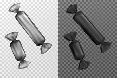 Black foil candy wrappers isolated on transparent background. Blank sweets packages for lollipops, chocolate and caramels production, design elements for ad. Realistic 3d vector illustration, clip artのイラスト素材