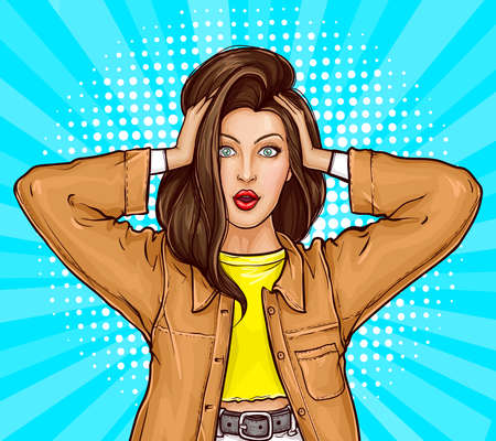 Pop art shocked, surprised girl in jacket with opened mouth and wide open eyes. Young brunette woman touches head with her hands with amazed face. Illustration for sale discount promo advertising.のイラスト素材