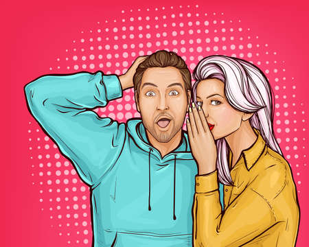 Pop art girl talk her surprised man about sale, discounts. Man with shock emotion on his face. Vector illustration isolated on dots pink background.のイラスト素材