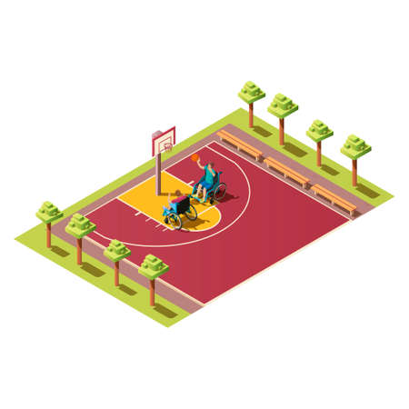 Sport players with ball, people with disabilities. Isometric composition with two invalids in wheelchair playing basketball on athletic field vector illustration on white background.のイラスト素材